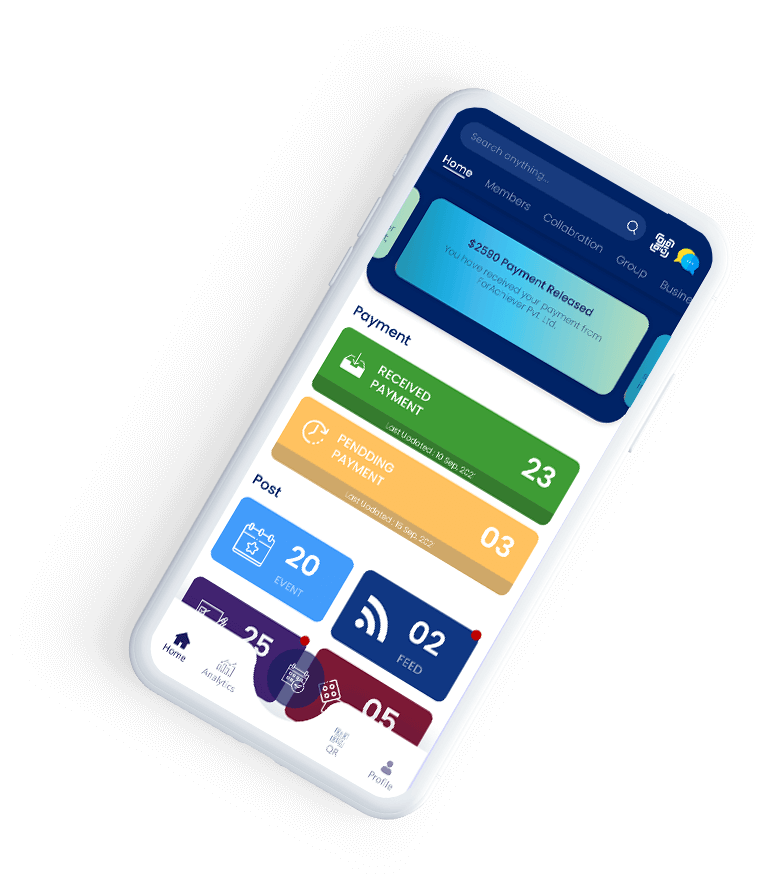 Jain Connection mobile app dashboard on a smartphone showing payment status, events, feeds, and community analytics.