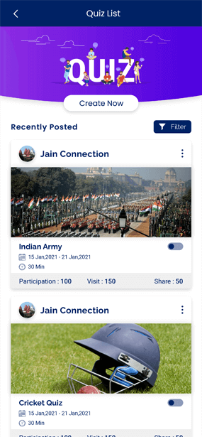 Mobile app interface showing the 'Quiz List' page with recently posted quizzes like 'Indian Army' and 'Cricket Quiz,' displaying participation, visit, and share statistics.