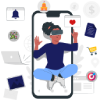 Illustration for Group Activities, showcasing a person engaging with online games, contests, and offline activities on a smartphone.